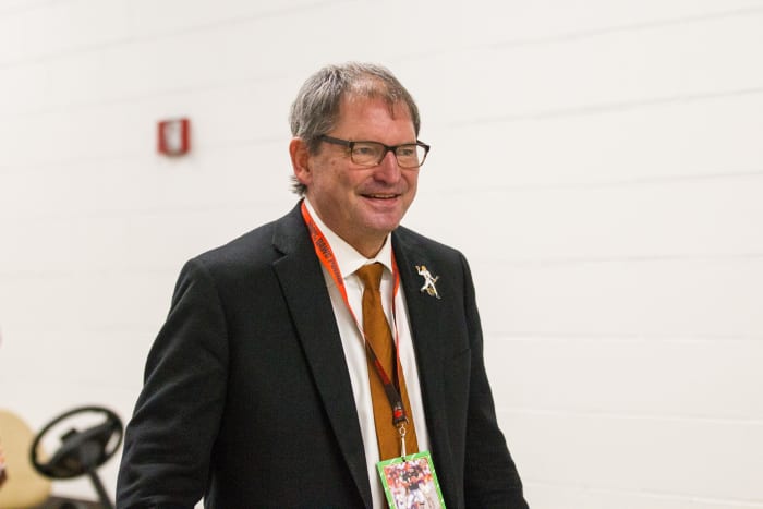 Former quarterback Bernie Kosar during halftime of a game between the Browns and the Jets, 2016. Kosar is remembered as one of the best Browns quarterbacks of all time.